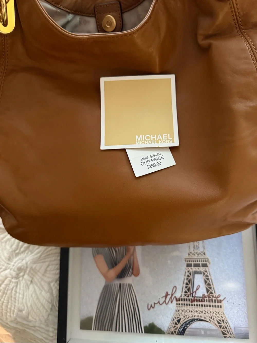 Michael Kors Cognac Leather Shoulder Bag with Gold Chain Detail